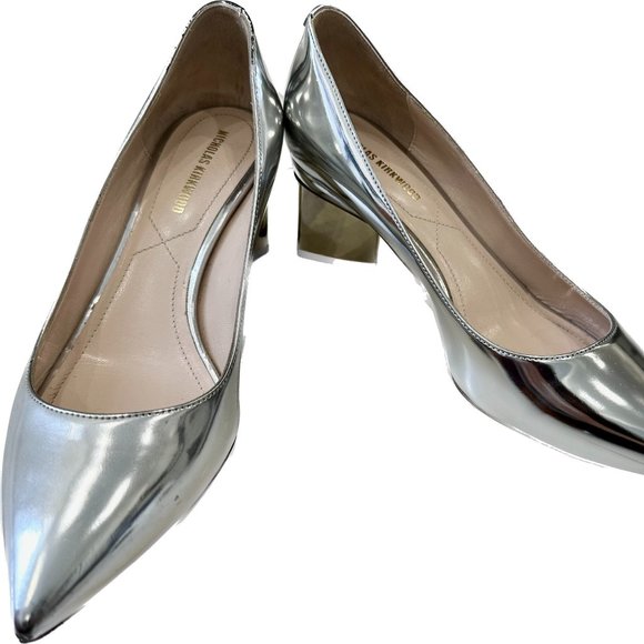 Nicholas Kirkwood Silver Metallic Pointed Toe Block Heel Pumps (EU35.5/US5.5) - Picture 1 of 6